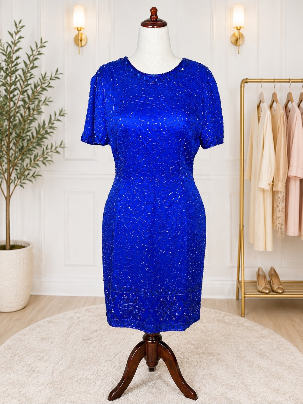 StƩnay Royal Blue 100% Silk Beaded Sequin Sheath Dress Made in India